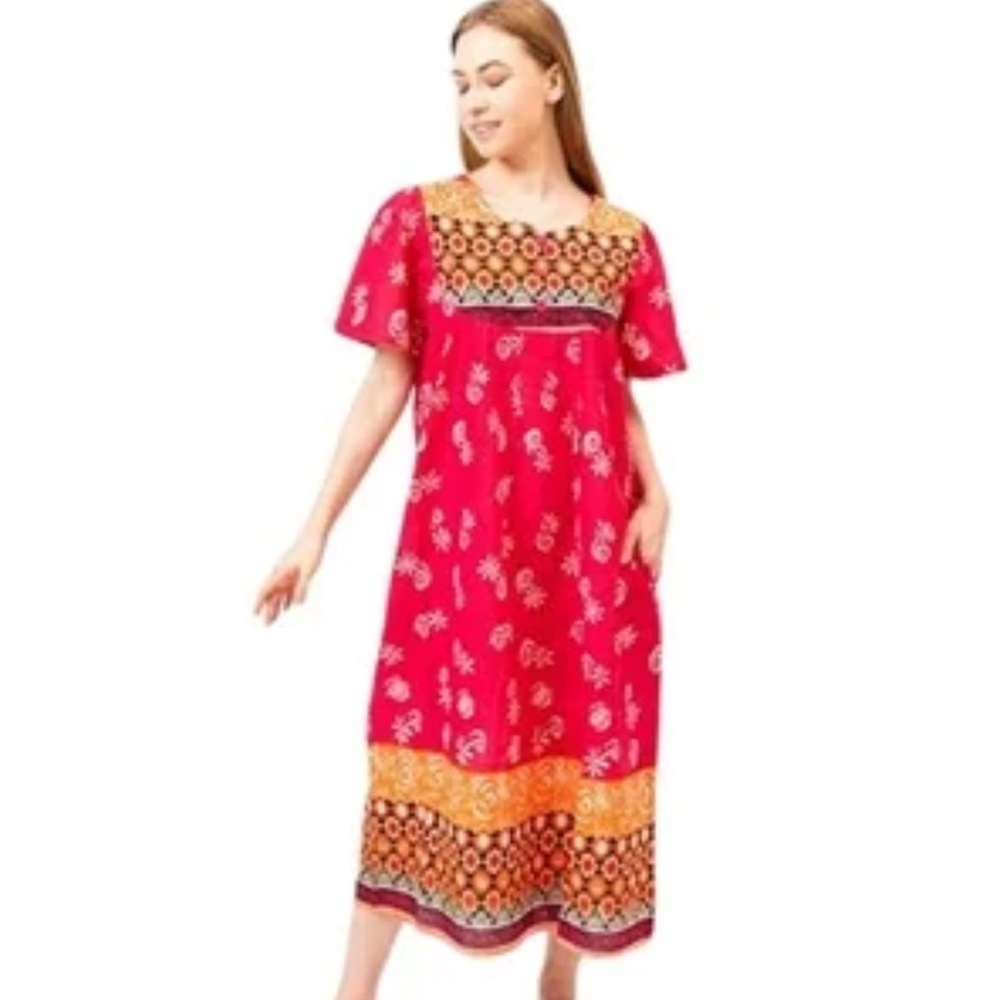 Women’s Feminine Boho Short Sleeve Pink Lounger/Caftan 3 Button Bib & Yoke L NWT